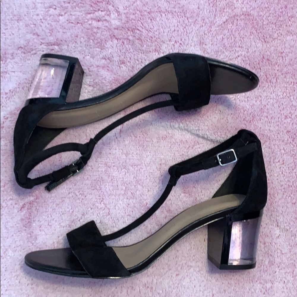 100% Leather T strap Suede Sandal with Clear Heel